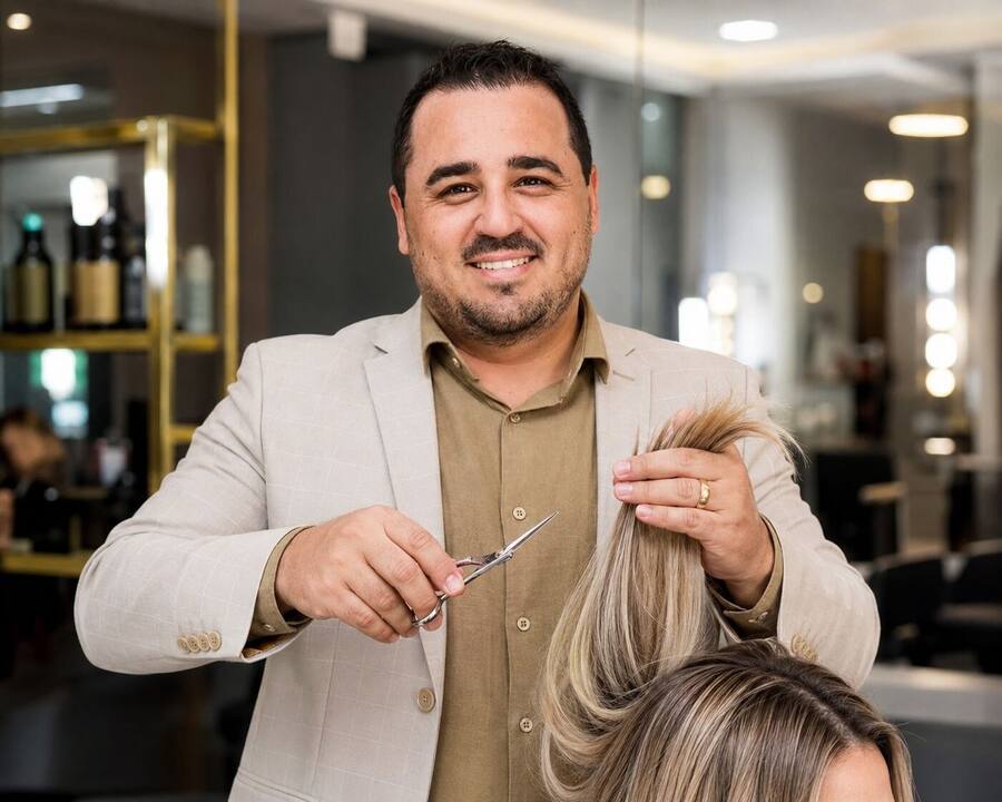 Diego Kuhn cortando cabelo no salão
